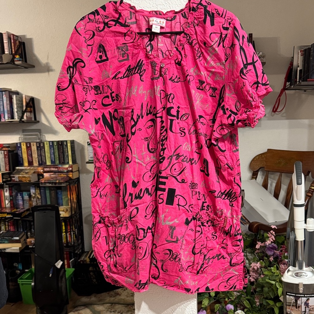 Koi Pink and Black Graphic Scrub Top